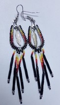 Native American Beaded Earrings 4" Dangle Hoop Glass Bugle Beads Horseshoe Black - $39.99