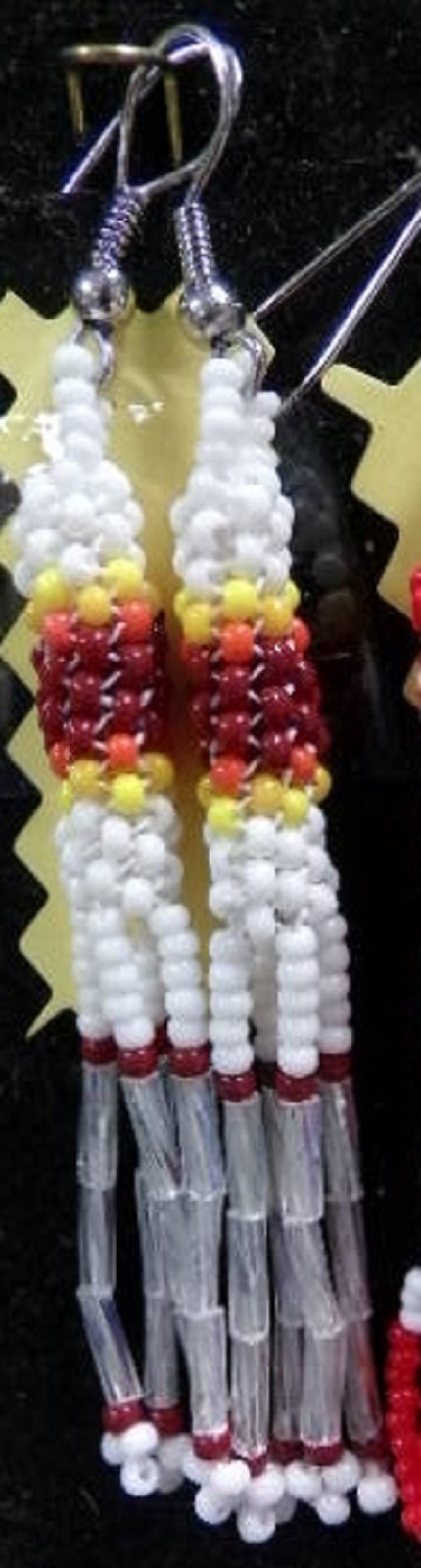 Native American Beaded Glass Dangle Earrings 2 3/8&quot; White Red Opalescent... - $29.99