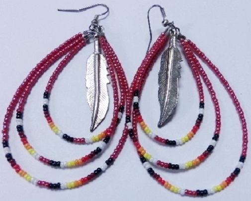 Native American Beaded Earrings 3&quot; Dangle Triple Hoop Feather Red Cherok... - $29.99