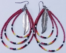 Native American Beaded Earrings 3&quot; Dangle Triple Hoop Feather Red Cherokee Made - £23.59 GBP