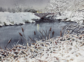 Rural Landscape Watercolor Painting Original Winter Countryside River Bridge Car - £135.89 GBP