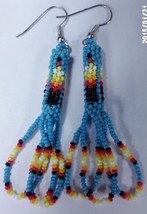 Native American Beaded Earrings 2&quot; Dangle Glass Feather Design Cherokee Handmade - £23.59 GBP