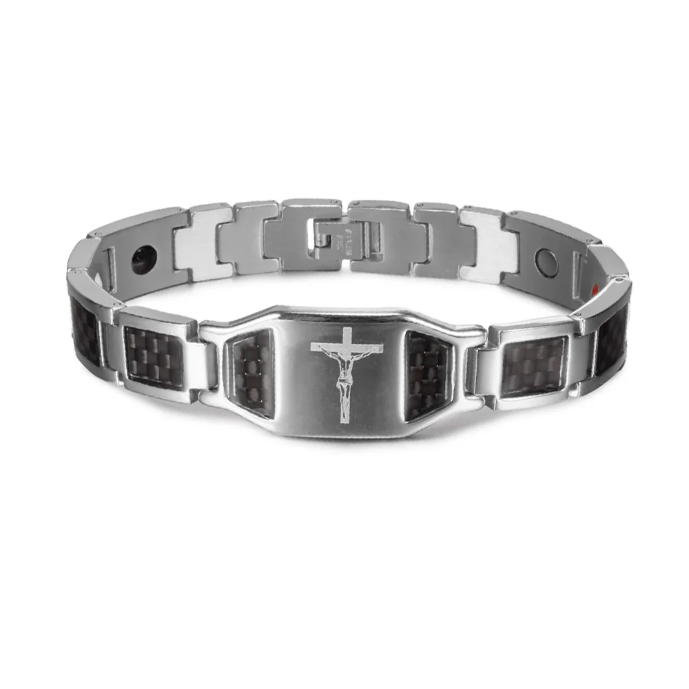 Cross Magnetic Bracelet Homme Black Carbon Fibre Luxury Stainless Steel Bracelet - £26.66 GBP