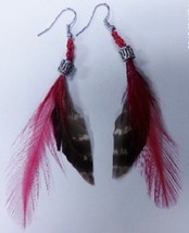 Native American Beaded Turkey Red Feather Earrings 3" Dangle Bali Bead Seminole  - $29.99