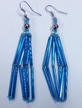 Native American Earrings 2.75&quot; Dangle Glass Bugle Bead Strand Turquoise Blue Che - £20.09 GBP