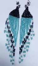 Native American Beaded Earrings 3 1/2" Post Stud  Black & Blue Chandelier Semino - £23.89 GBP