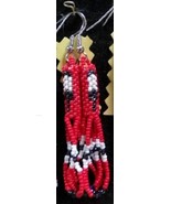 Native American Beaded Earrings 3&quot; Dangle Red Black White Feathers Kiowa... - $41.13 CAD
