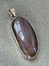 Large Oblong Coffee Brown &amp; White Swirl Stone in 925 Silver Frame Pendant – mark - £19.34 GBP