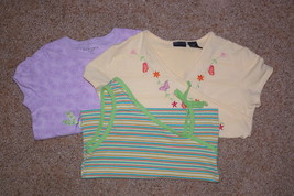Lot of 3 Girls Tops Shirts Size 7 / 8 Yellow Green Purple Butterflies and Stripe - £8.70 GBP