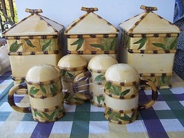 3 BEAUTIFUL YELLOW GREEN BROWN BAMBOO LOOK HAND PAINTED CANISTERS SALT P... - $30.96