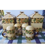 3 BEAUTIFUL YELLOW GREEN BROWN BAMBOO LOOK HAND PAINTED CANISTERS SALT P... - £24.20 GBP