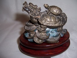 Antique Chinese Bronze Mythical Dragon Turtle On Coins Good Fortune Figurine - £107.91 GBP