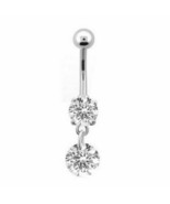 Double Dangle 4 Prong Set CZ Belly Button Navel Banana Ring Stainless Steel - £9.66 GBP