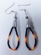 Native American Beaded Hoop Earrings 2&quot; Dangle Glass Beads Silver Cones Black Re - £15.73 GBP