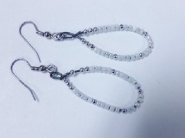 Native American Beaded Earrings 1.5" Dangle Hoop White Opalescent & Silver Cheye - $14.99