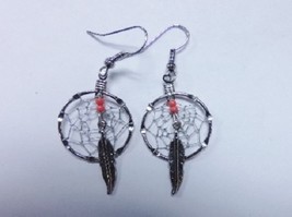 Native American Beaded Dangle Earrings Indian Hand Made Feather Dreamcatcher - $14.99