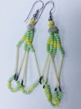 Native American Beaded Porcupine Quill Earrings 2&quot; Lime Green and Yellow Hook Se - £20.09 GBP