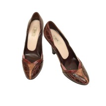 Prada Burgundy Brown Reptile Embossed Leather Round Toe Pumps Heels Shoe... - $222.75