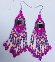 Native American Beaded Dangle Chandelier Earrings 3&quot; Hot Pink Yellow Sil... - €21,86 EUR