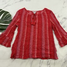 Tommy Bahama Womens Gauzy Blouse Top Size L Red Pink Stripe Tassels Crinkle - $27.71