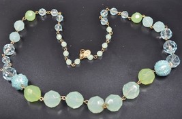 ROBERT ROSE Signed Blue Green Acrylic Bead Gold Tone Necklace - £9.85 GBP