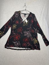 Joan Vass Floral V Neck Hoodie Pullover Blouse Womens 1X Causal Beach Stretchy - £28.08 GBP