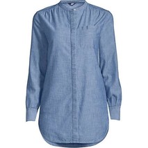 Lands&#39; End Collarless Chambray Button Down Tunic Top in Light Blue Denim... - £22.19 GBP