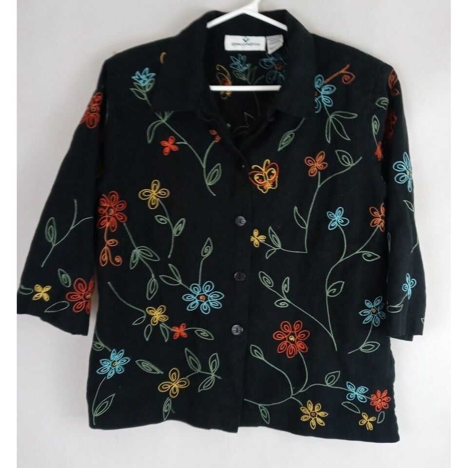 Erin London Black Blouse With Colorful Embroidered Floral Butterfly Desi... - $12.86