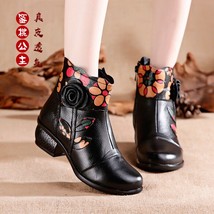 Retro Bohemian Women Boots Printed Genuine Leather Ankle Boots Vintage Motorcycl - £41.18 GBP