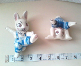 Easter Bunny Ceramic Figurines Whimsical Playful Bunnies Set of 2 Hand Painted - £39.07 GBP