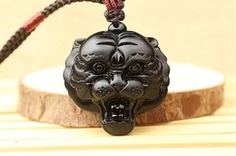 natural Obsidian Hand carved  tiger head  good luck pendant - $29.70