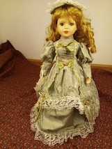 Porcelain Doll Victorian Green dress, umbrella,  blonde Hair, Blue Eyes, hat 16&quot; - £9.73 GBP