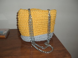 Grey and Yellow crocheted purse tote with chain metal straps - $41.07 CAD