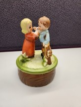 Vintage SANKYO Japan Music Box With Ceramic Rotating Boy And Girl With Bird - £9.21 GBP