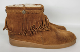 Minnetonka Womens Brown Suede Leather Zip Ankle Boots Fringe Sherpa Lined 9 - £19.55 GBP