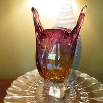 Vtg retro CZECH Egermann Amethyst Amber hombre glass OWL vase original label - £75.16 GBP