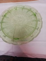 Cherry Blossom Green Uranium Glass  3-Footed Cake Plate, Jeannette Glass - £27.58 GBP