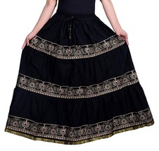Traditional Rajasthani Ethnic Flared Gold Print Girl Women Black Skirt Free Size - £19.55 GBP