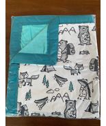Minky baby blanket - large - forest camping animals - white - teal - toddler - $75.00