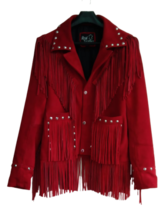 Women Red Suede Leather Western Style Jacket With Fringes Stud Work WJ1501 - $149.00