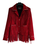 Women Red Suede Leather Western Style Jacket With Fringes Stud Work WJ1501 - £118.66 GBP