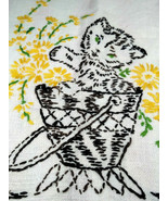 Darling Vintage Embroidered Kitten &amp; Floral Graphic Linen Kitchen  Dish ... - $18.00