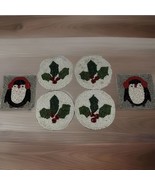 Christmas Coasters Beaded Lot Mismatched Winter Holly Berry Holiday Penguin - $14.03