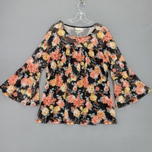 Bobbie Brooks Women Shirt Size XL Black Stretch Preppy Floral 3/4 Bell Sleeves - £10.07 GBP