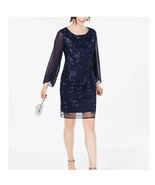 CONNECTED APPAREL Navy Sequined Floral Long Sleeve Scoop Neck Dress Size 16 - €29,87 EUR