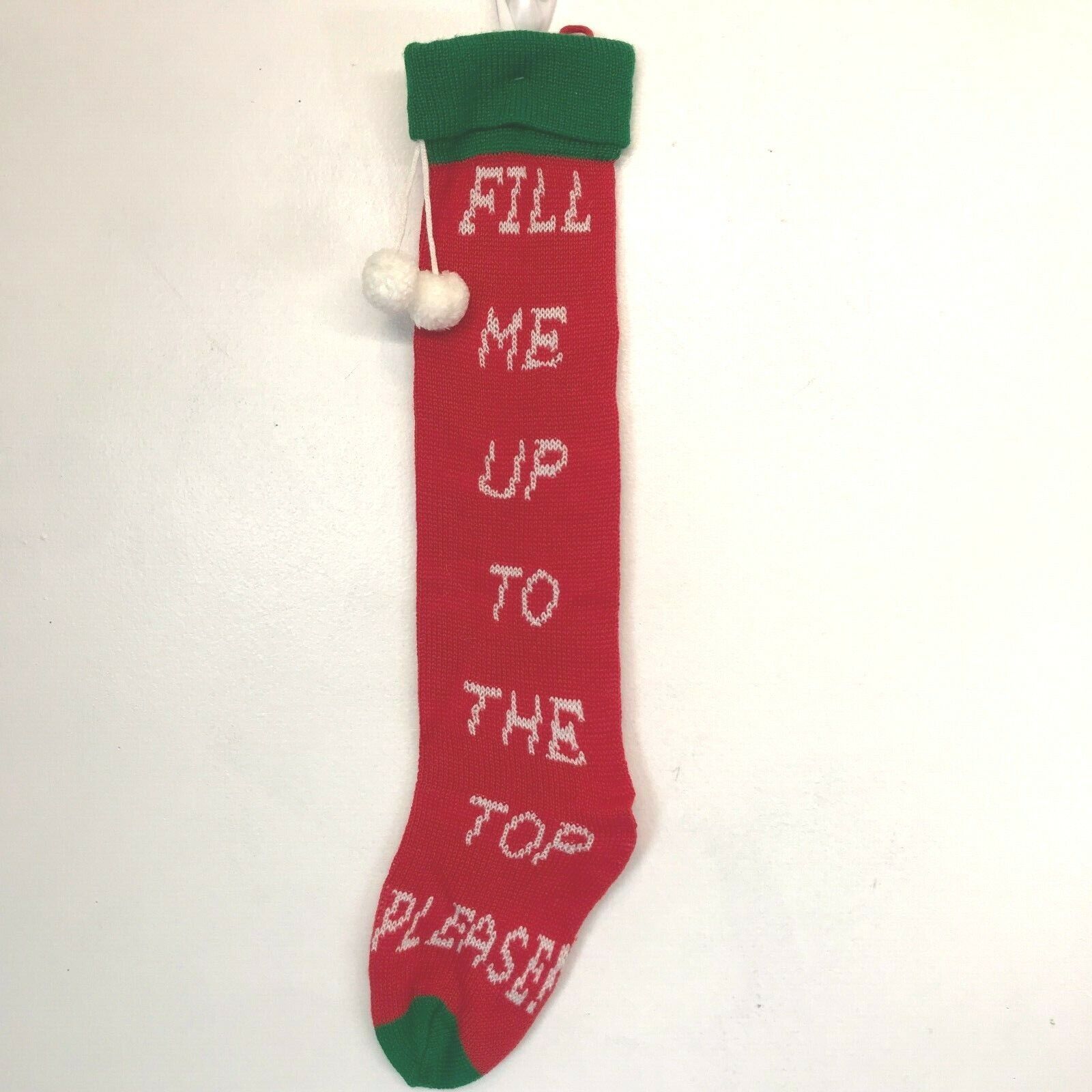 Primary image for Vintage Christmas Knit Stocking 24" Fill Me Up to the Top Please Pom Pom ST