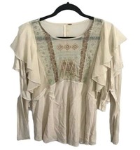 Free People Womens Blouse La Cienega Cream Ruffle Boho Embroidered Top Sz Small - £14.53 GBP