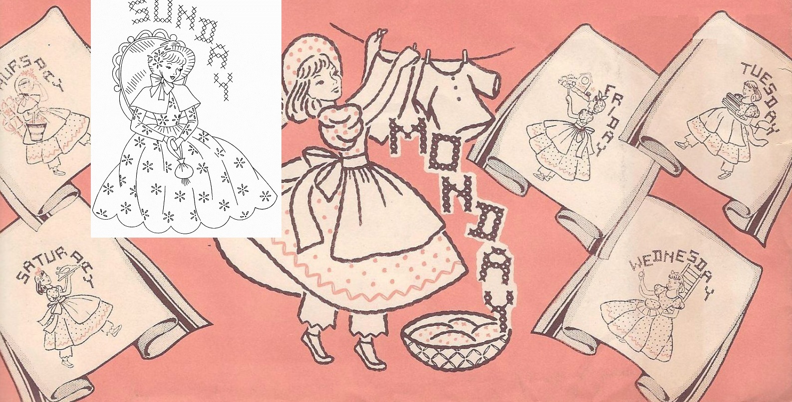 Old Fashioned Ladies DOW days of week TOWELS embroidery pattern SU148  - $5.00