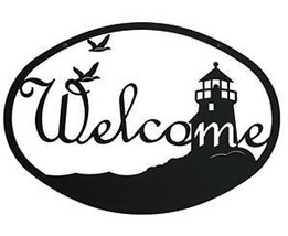 Wrought Iron Welcome Sign Lighthouse &amp; Birds Silhouette Outdoor Plaque Decor - £19.28 GBP