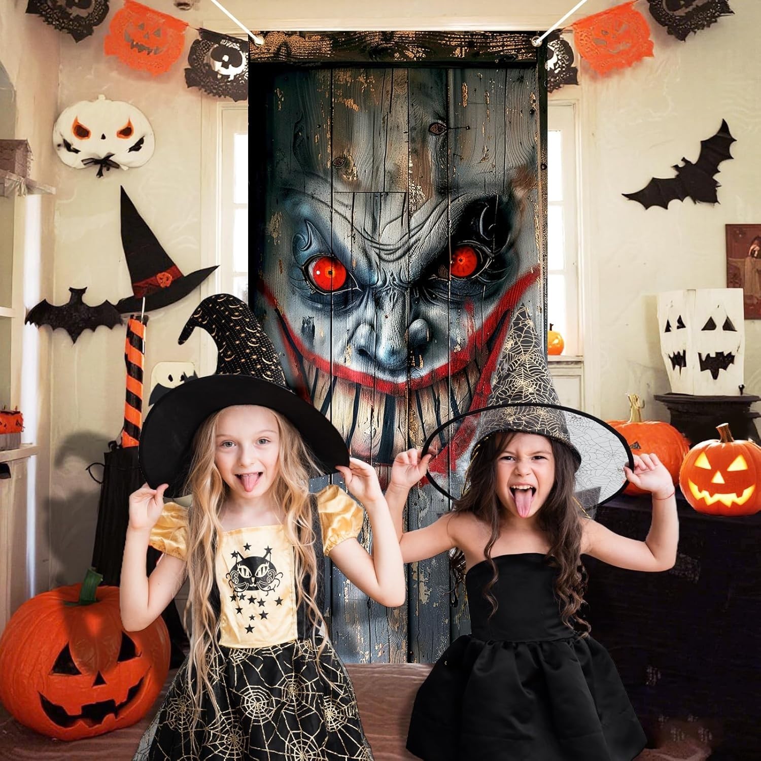 Halloween Door Cover Decorations, Grey Wooden Scary Clown Happy Halloween Door C Item image 6